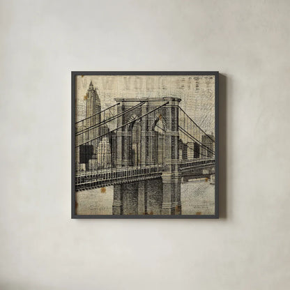 Vintage NY Brooklyn Bridge Skyline II by Michael Mullan. Shown in a sleek black glass frame for a contemporary gallery look. Available as an archival giclee rolled canvas, fine art paper, or poster print. SKU 51219a.