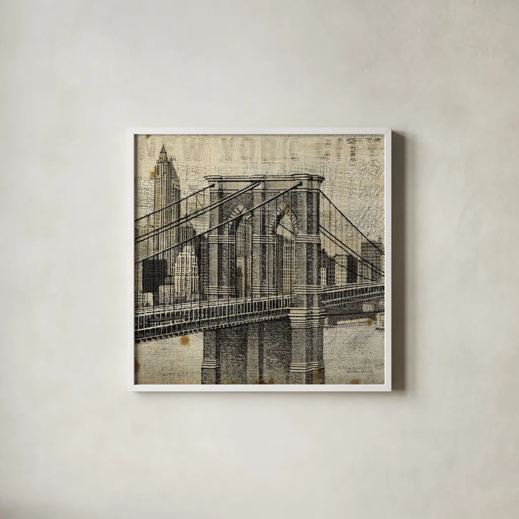 Vintage NY Brooklyn Bridge Skyline II by Michael Mullan. Shown in a crisp white glass frame for a clean and minimalist style. Available as an archival giclee rolled canvas, fine art paper, or poster print. SKU 51219a.