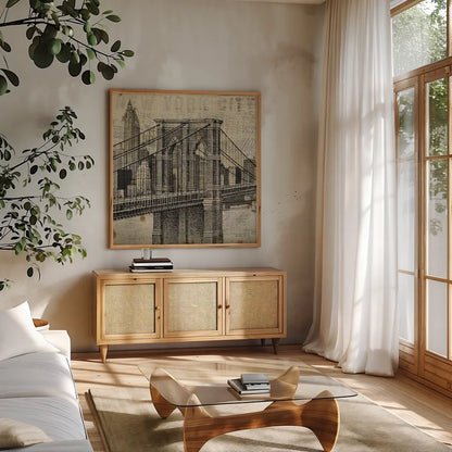 Vintage NY Brooklyn Bridge Skyline II by Michael Mullan. Shown in a natural wood frame in a cozy modern living room. Available as an archival giclee rolled canvas, fine art paper, or poster print. SKU 51219a.