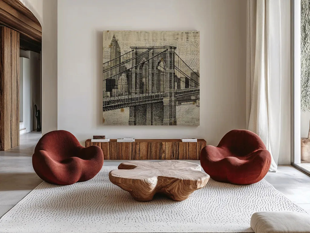 Vintage NY Brooklyn Bridge Skyline II by Michael Mullan. Shown as extra-large giant wall art in a modern living room. Available as an archival giclee rolled canvas, fine art paper, or poster print. SKU 51219a.