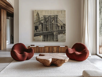 Vintage NY Brooklyn Bridge Skyline II by Michael Mullan. Shown as extra-large giant wall art in a modern living room. Available as an archival giclee rolled canvas, fine art paper, or poster print. SKU 51219a.