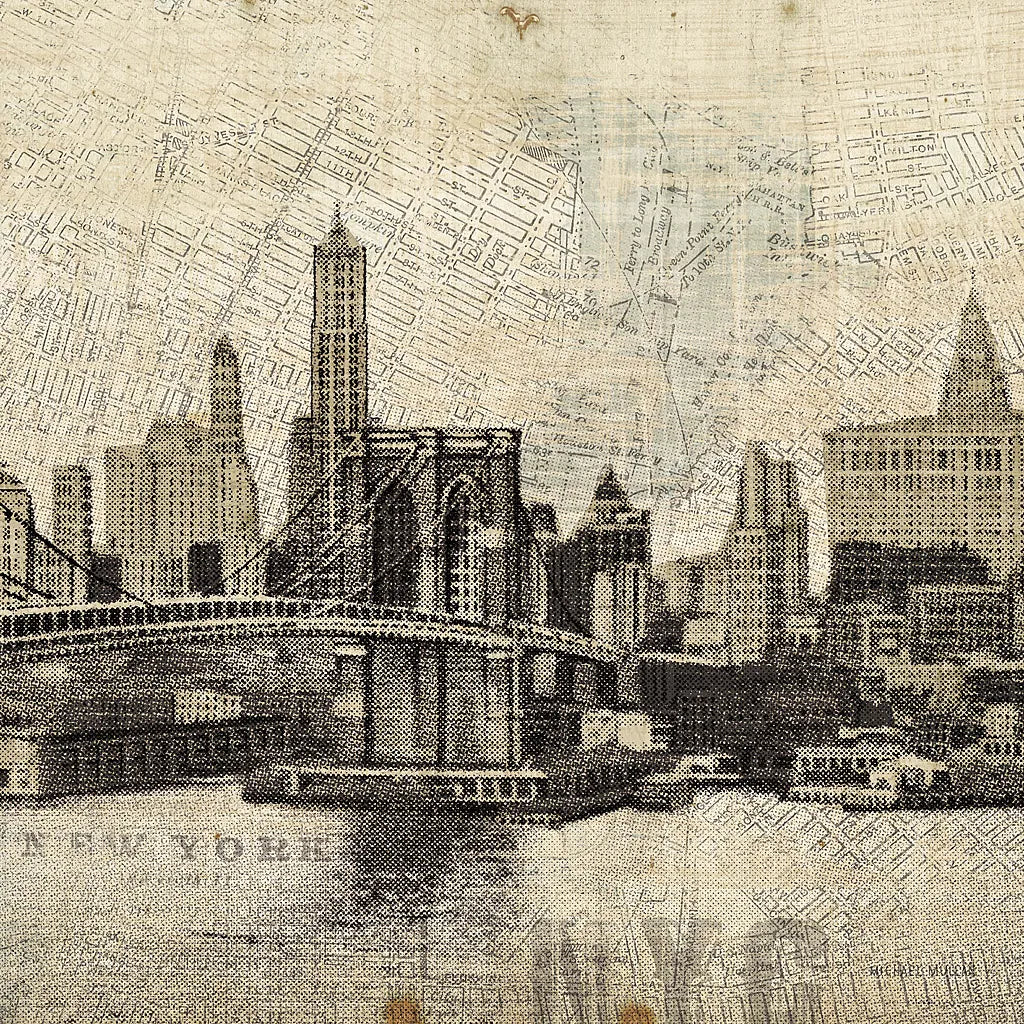 Vintage NY Brooklyn Bridge Skyline III by Michael Mullan. SKU 51220a. Archival Giclee Fine art print for wall decor.