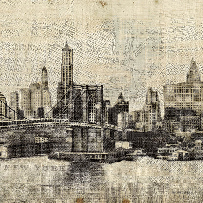 Vintage NY Brooklyn Bridge Skyline III by Michael Mullan. SKU 51220a. Archival Giclee Fine art print for wall decor.