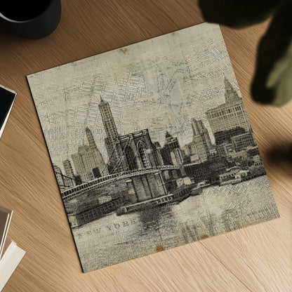Vintage NY Brooklyn Bridge Skyline III by Michael Mullan. Shown as a detailed flat fine art print, highlighting archival giclee quality. Available as an archival giclee rolled canvas, fine art paper, or poster print. SKU 51220a.