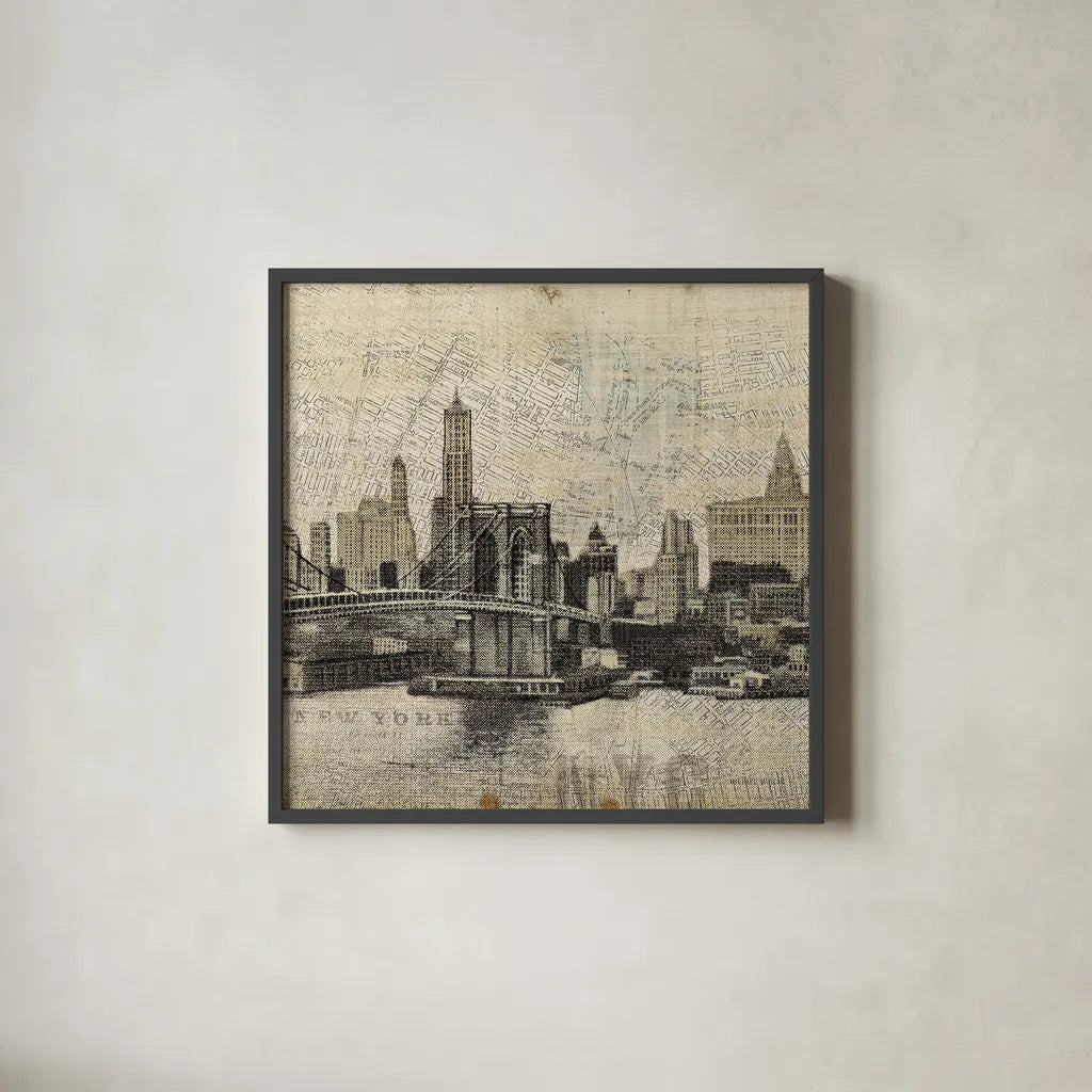 Vintage NY Brooklyn Bridge Skyline III by Michael Mullan. Shown in a sleek black glass frame for a contemporary gallery look. Available as an archival giclee rolled canvas, fine art paper, or poster print. SKU 51220a.