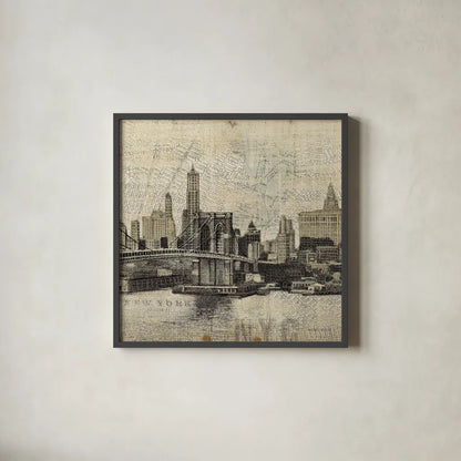 Vintage NY Brooklyn Bridge Skyline III by Michael Mullan. Shown in a sleek black glass frame for a contemporary gallery look. Available as an archival giclee rolled canvas, fine art paper, or poster print. SKU 51220a.
