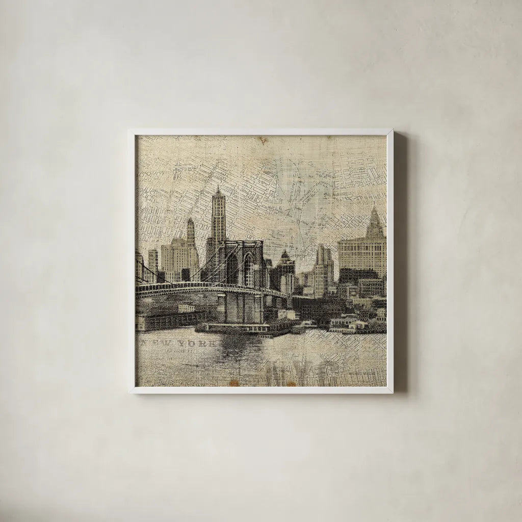 Vintage NY Brooklyn Bridge Skyline III by Michael Mullan. Shown in a crisp white glass frame for a clean and minimalist style. Available as an archival giclee rolled canvas, fine art paper, or poster print. SKU 51220a.