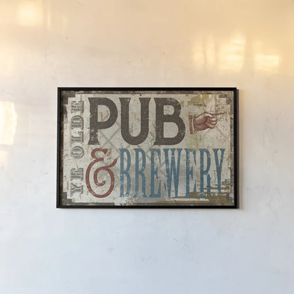 Vintage Pub Brewery Sign by Michael Mullan. shown as a paper print in a black flame. Available as a archival giclee rolled canvas, fine art paper, or poster print. SKU 51290i.