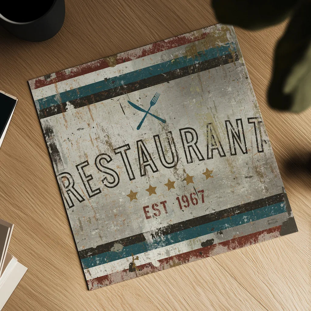 Vintage Restaurant Sign by Michael Mullan. Shown as a detailed flat fine art print, highlighting archival giclee quality. Available as an archival giclee rolled canvas, fine art paper, or poster print. SKU 51291a.