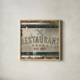 Vintage Restaurant Sign by Michael Mullan. Shown in a natural wood glass frame for a timeless modern aesthetic. Available as an archival giclee rolled canvas, fine art paper, or poster print. SKU 51291a.