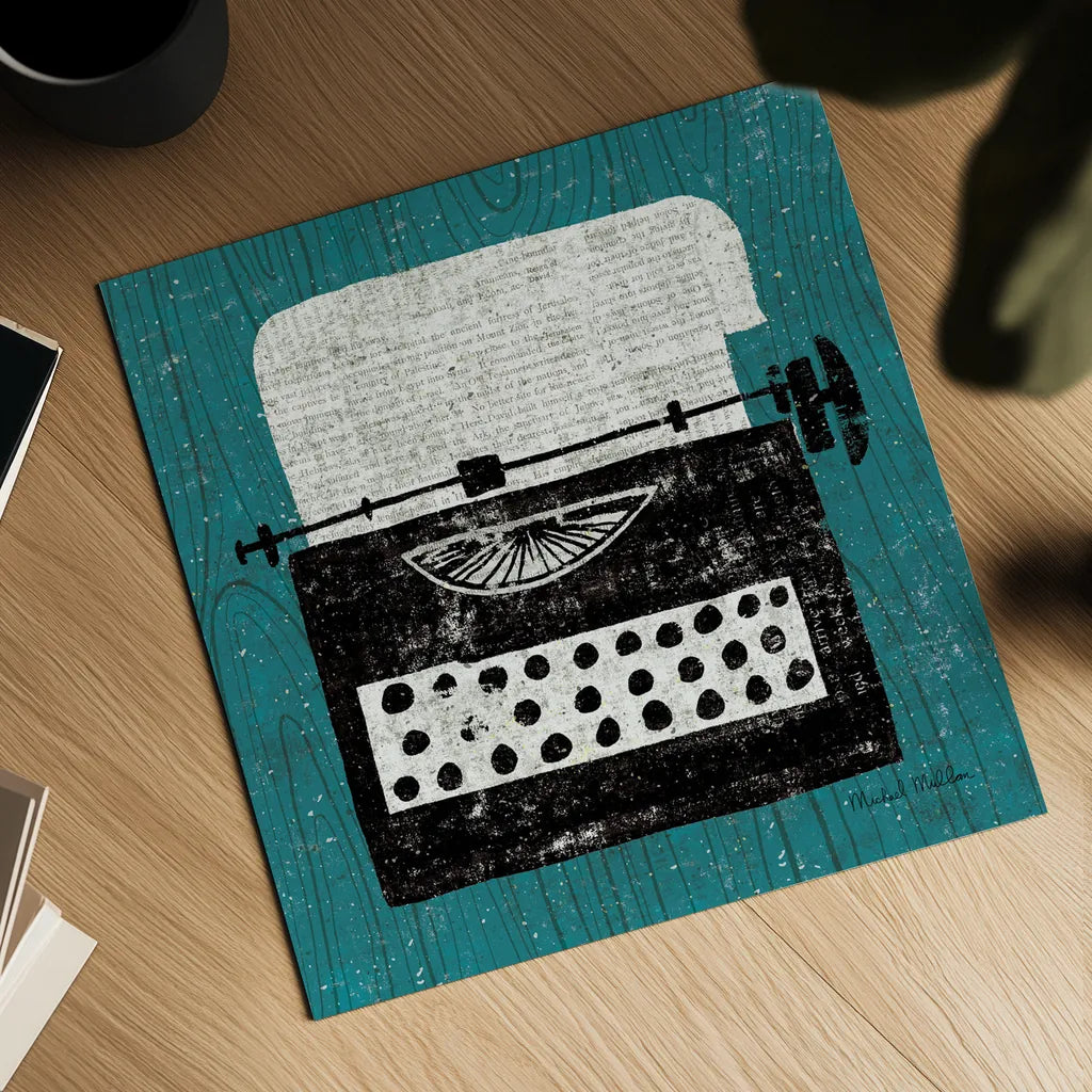 Vintage Typewriter on Wood by Michael Mullan. Shown as a detailed flat fine art print, highlighting archival giclee quality. Available as an archival giclee rolled canvas, fine art paper, or poster print. SKU 50705a.