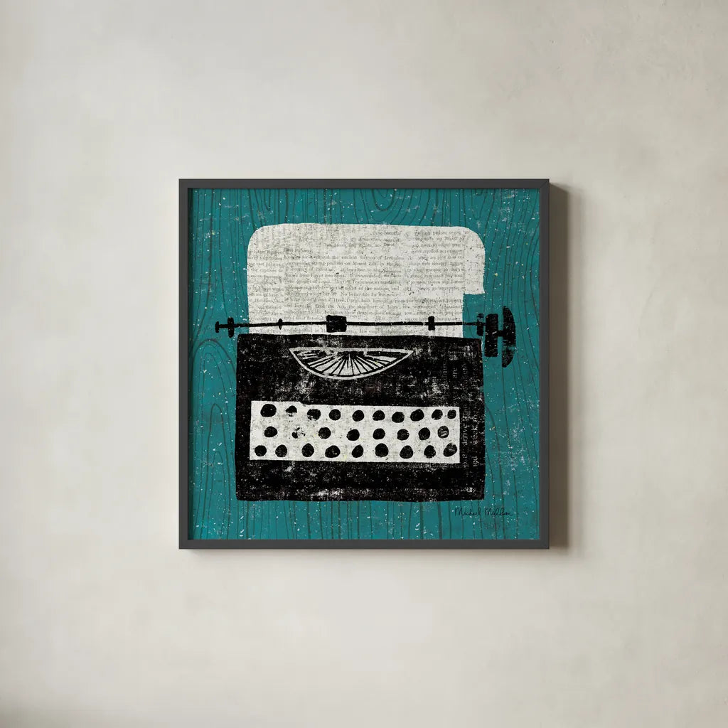 Vintage Typewriter on Wood by Michael Mullan. Shown in a sleek black glass frame for a contemporary gallery look. Available as an archival giclee rolled canvas, fine art paper, or poster print. SKU 50705a.