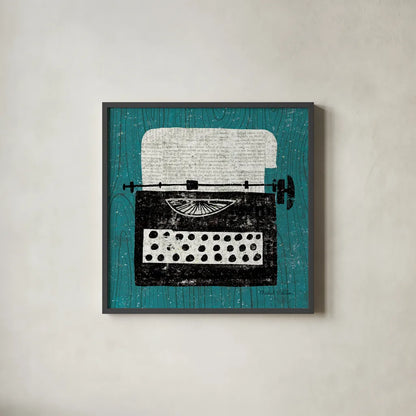 Vintage Typewriter on Wood by Michael Mullan. Shown in a sleek black glass frame for a contemporary gallery look. Available as an archival giclee rolled canvas, fine art paper, or poster print. SKU 50705a.