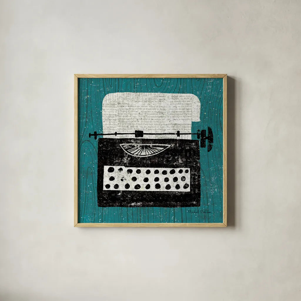 Vintage Typewriter on Wood by Michael Mullan. Shown in a natural wood glass frame for a timeless modern aesthetic. Available as an archival giclee rolled canvas, fine art paper, or poster print. SKU 50705a.