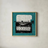 Vintage Typewriter on Wood by Michael Mullan. Shown in a natural wood glass frame for a timeless modern aesthetic. Available as an archival giclee rolled canvas, fine art paper, or poster print. SKU 50705a.