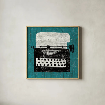 Vintage Typewriter on Wood by Michael Mullan. Shown in a natural wood glass frame for a timeless modern aesthetic. Available as an archival giclee rolled canvas, fine art paper, or poster print. SKU 50705a.