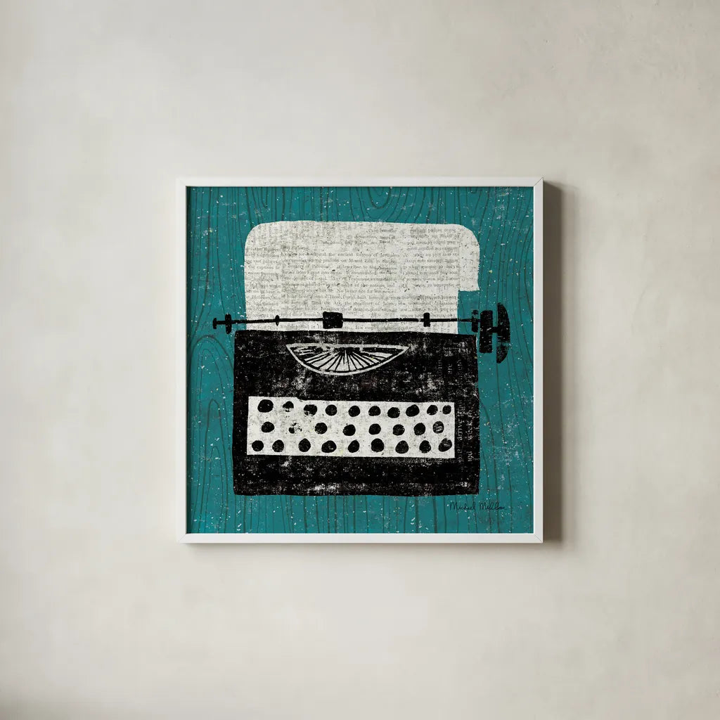 Vintage Typewriter on Wood by Michael Mullan. Shown in a crisp white glass frame for a clean and minimalist style. Available as an archival giclee rolled canvas, fine art paper, or poster print. SKU 50705a.