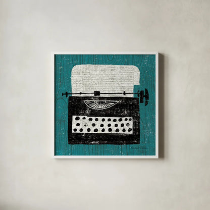 Vintage Typewriter on Wood by Michael Mullan. Shown in a crisp white glass frame for a clean and minimalist style. Available as an archival giclee rolled canvas, fine art paper, or poster print. SKU 50705a.