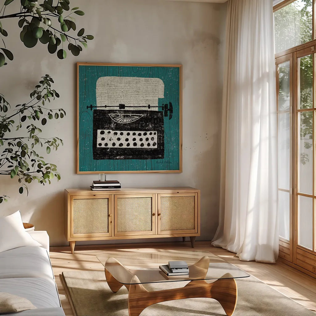 Vintage Typewriter on Wood by Michael Mullan. Shown in a natural wood frame in a cozy modern living room. Available as an archival giclee rolled canvas, fine art paper, or poster print. SKU 50705a.