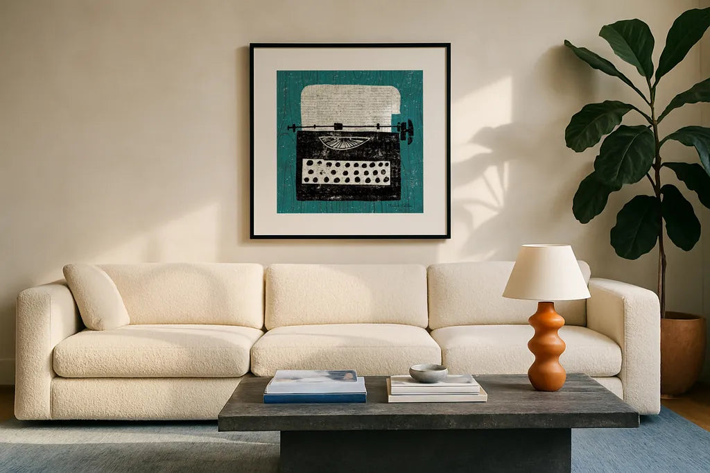 Vintage Typewriter on Wood by Michael Mullan. Displayed in a glass frame with matte in a clean modern living room. Available as an archival giclee rolled canvas, fine art paper, or poster print. SKU 50705a.