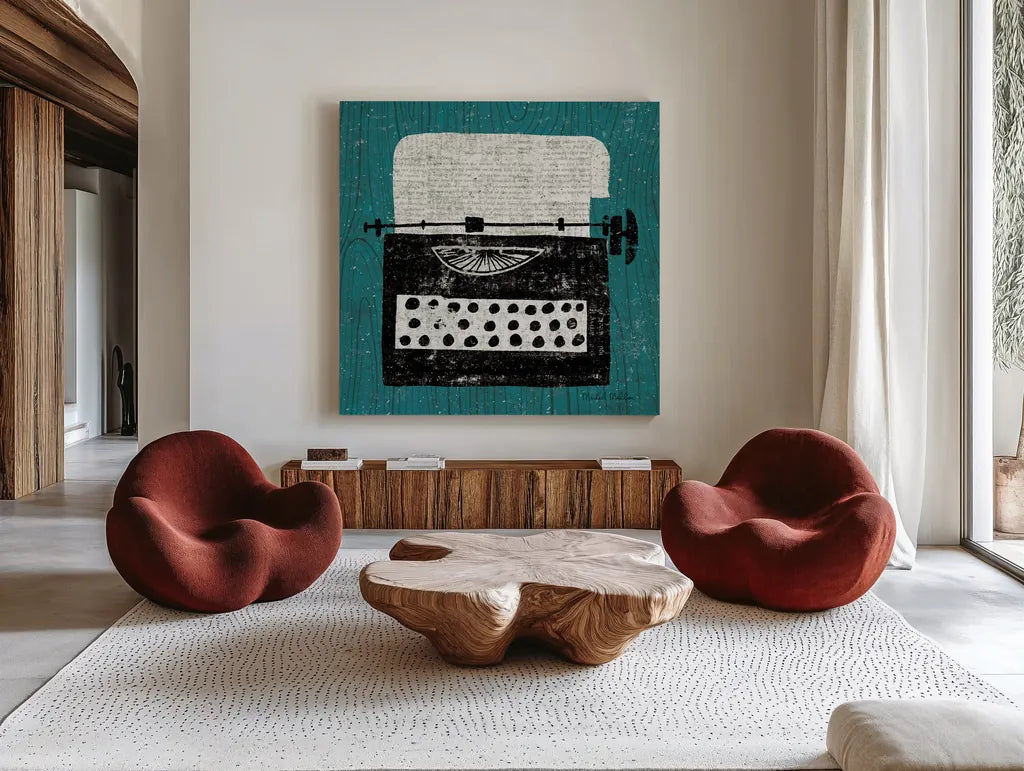 Vintage Typewriter on Wood by Michael Mullan. Shown as extra-large giant wall art in a modern living room. Available as an archival giclee rolled canvas, fine art paper, or poster print. SKU 50705a.