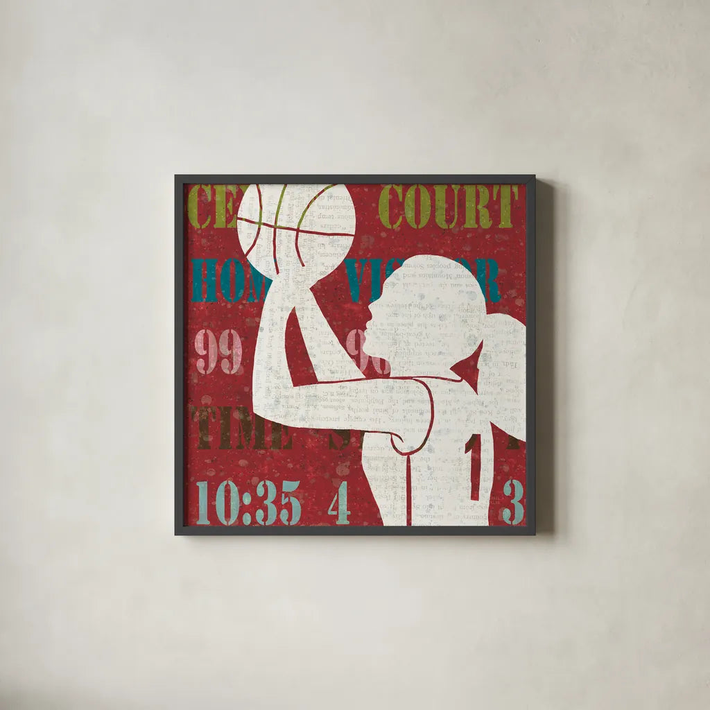 Womens Scoreboard Basketball by Michael Mullan. Shown in a sleek black glass frame for a contemporary gallery look. Available as an archival giclee rolled canvas, fine art paper, or poster print. SKU 50804a.