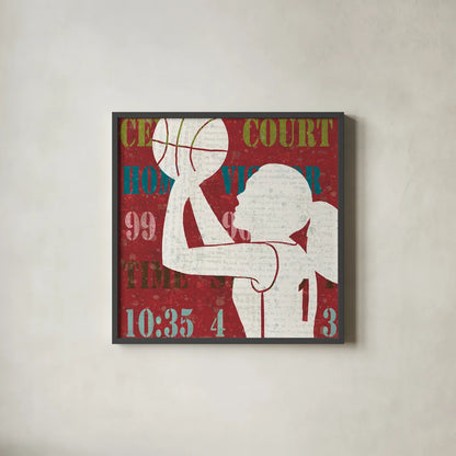 Womens Scoreboard Basketball by Michael Mullan. Shown in a sleek black glass frame for a contemporary gallery look. Available as an archival giclee rolled canvas, fine art paper, or poster print. SKU 50804a.