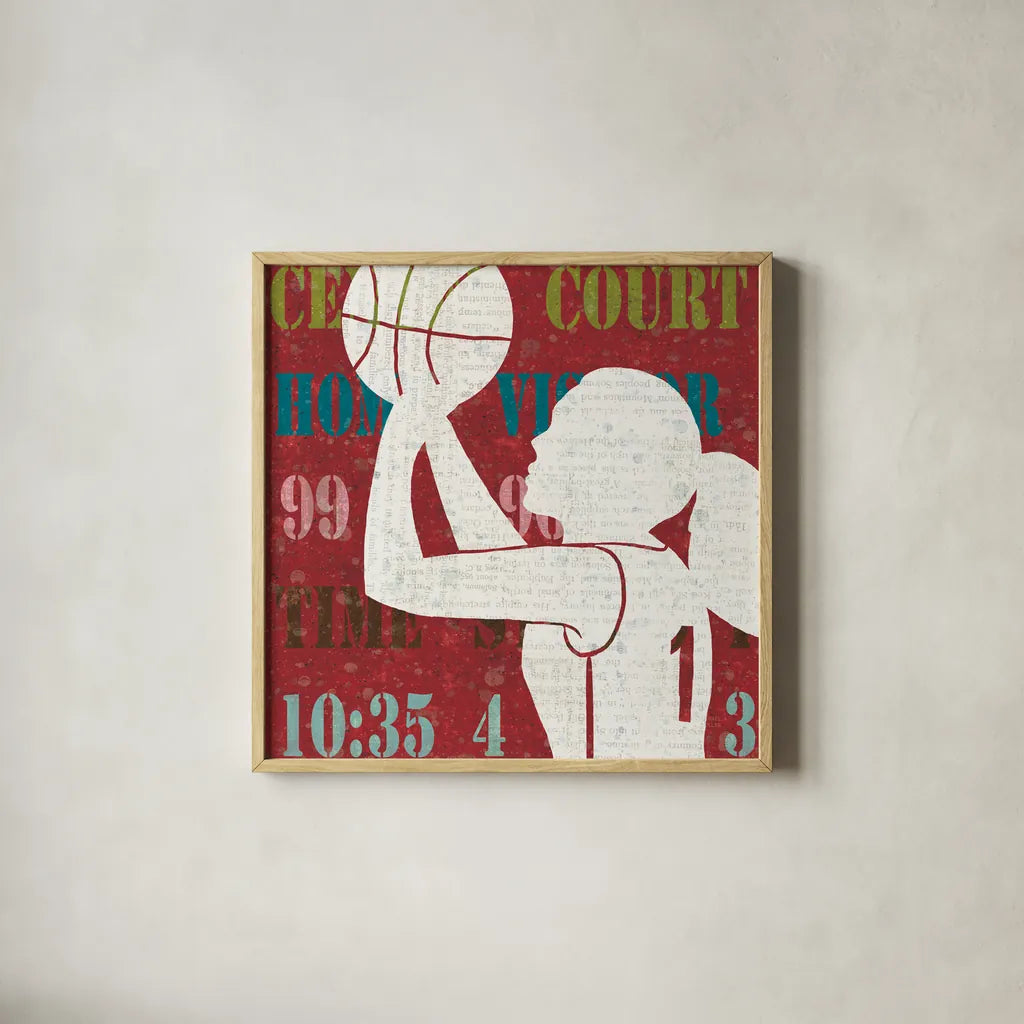 Womens Scoreboard Basketball by Michael Mullan. Shown in a natural wood glass frame for a timeless modern aesthetic. Available as an archival giclee rolled canvas, fine art paper, or poster print. SKU 50804a.