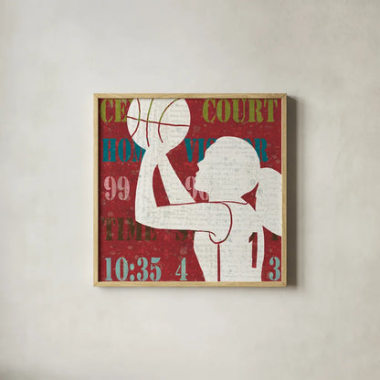 Womens Scoreboard Basketball by Michael Mullan. Shown in a natural wood glass frame for a timeless modern aesthetic. Available as an archival giclee rolled canvas, fine art paper, or poster print. SKU 50804a.