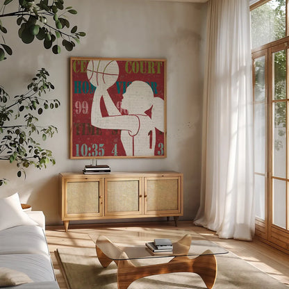 Womens Scoreboard Basketball by Michael Mullan. Shown in a natural wood frame in a cozy modern living room. Available as an archival giclee rolled canvas, fine art paper, or poster print. SKU 50804a.