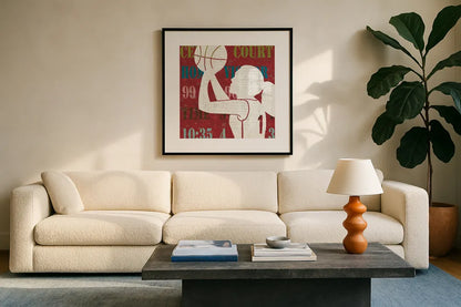 Womens Scoreboard Basketball by Michael Mullan. Displayed in a glass frame with matte in a clean modern living room. Available as an archival giclee rolled canvas, fine art paper, or poster print. SKU 50804a.