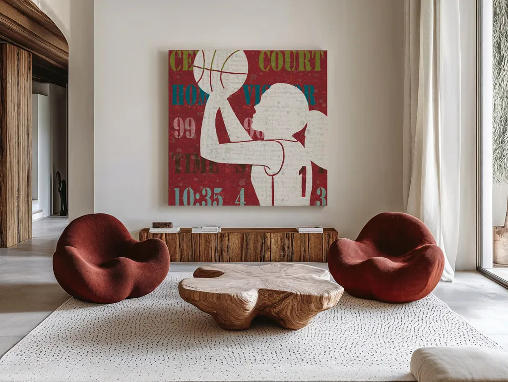 Womens Scoreboard Basketball by Michael Mullan. Shown as extra-large giant wall art in a modern living room. Available as an archival giclee rolled canvas, fine art paper, or poster print. SKU 50804a.