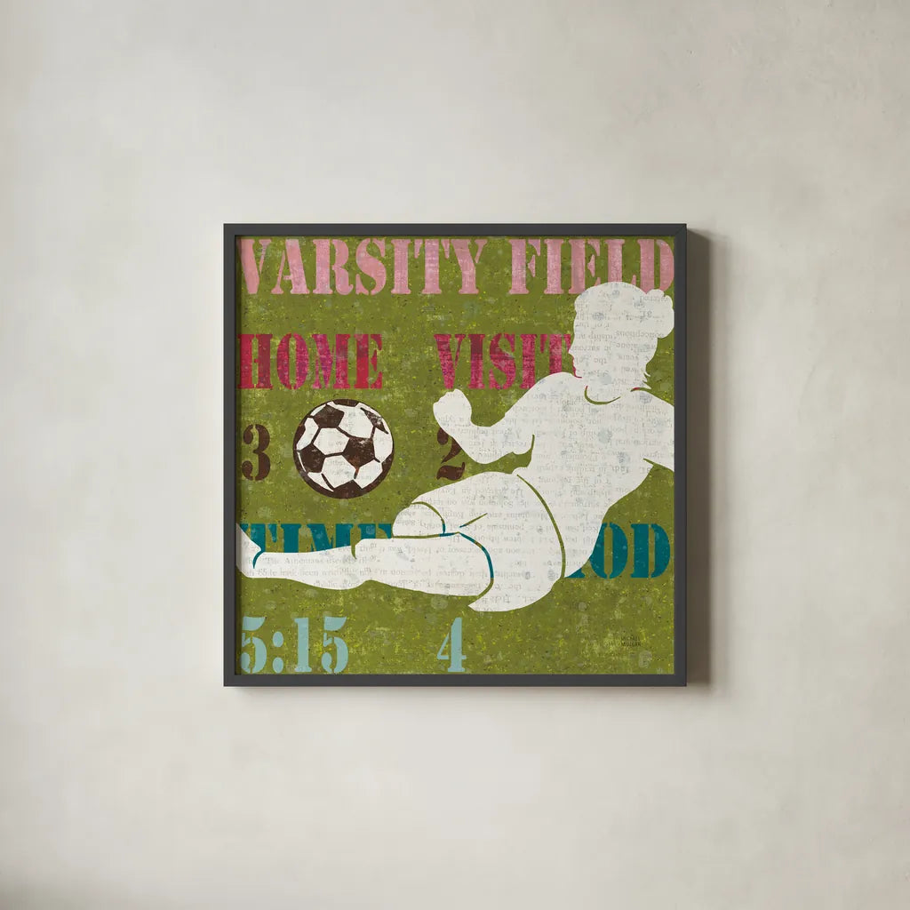 Womens Scoreboard Soccer by Michael Mullan. Shown in a sleek black glass frame for a contemporary gallery look. Available as an archival giclee rolled canvas, fine art paper, or poster print. SKU 50805a.