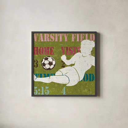 Womens Scoreboard Soccer by Michael Mullan. Shown in a sleek black glass frame for a contemporary gallery look. Available as an archival giclee rolled canvas, fine art paper, or poster print. SKU 50805a.