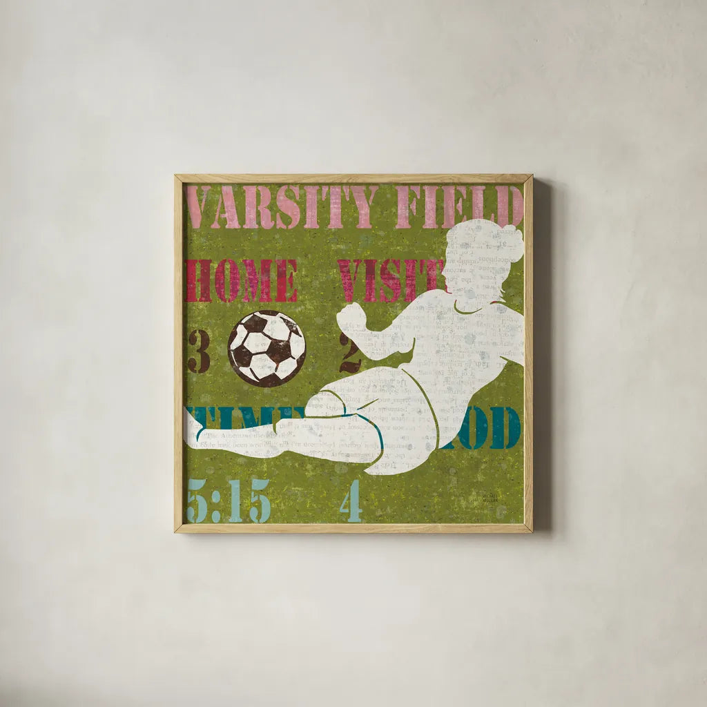 Womens Scoreboard Soccer by Michael Mullan. Shown in a natural wood glass frame for a timeless modern aesthetic. Available as an archival giclee rolled canvas, fine art paper, or poster print. SKU 50805a.