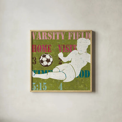 Womens Scoreboard Soccer by Michael Mullan. Shown in a natural wood glass frame for a timeless modern aesthetic. Available as an archival giclee rolled canvas, fine art paper, or poster print. SKU 50805a.