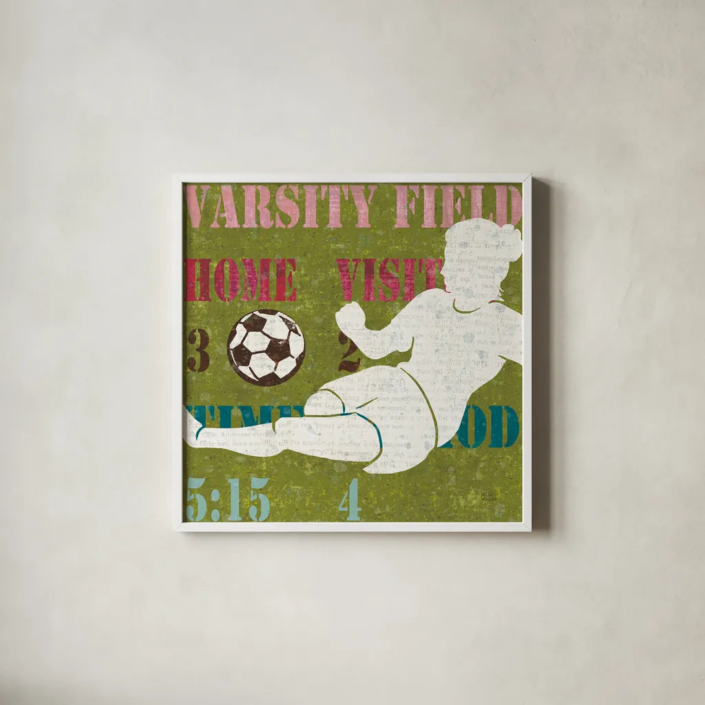 Womens Scoreboard Soccer by Michael Mullan. Shown in a crisp white glass frame for a clean and minimalist style. Available as an archival giclee rolled canvas, fine art paper, or poster print. SKU 50805a.