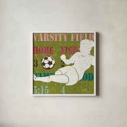 Womens Scoreboard Soccer by Michael Mullan. Shown in a crisp white glass frame for a clean and minimalist style. Available as an archival giclee rolled canvas, fine art paper, or poster print. SKU 50805a.