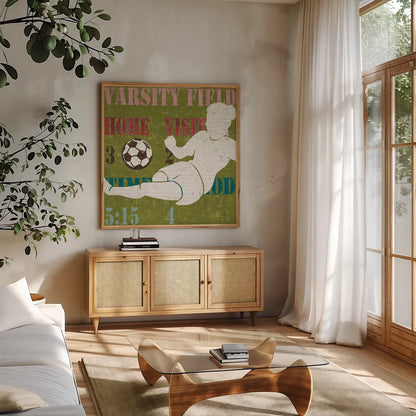 Womens Scoreboard Soccer by Michael Mullan. Shown in a natural wood frame in a cozy modern living room. Available as an archival giclee rolled canvas, fine art paper, or poster print. SKU 50805a.