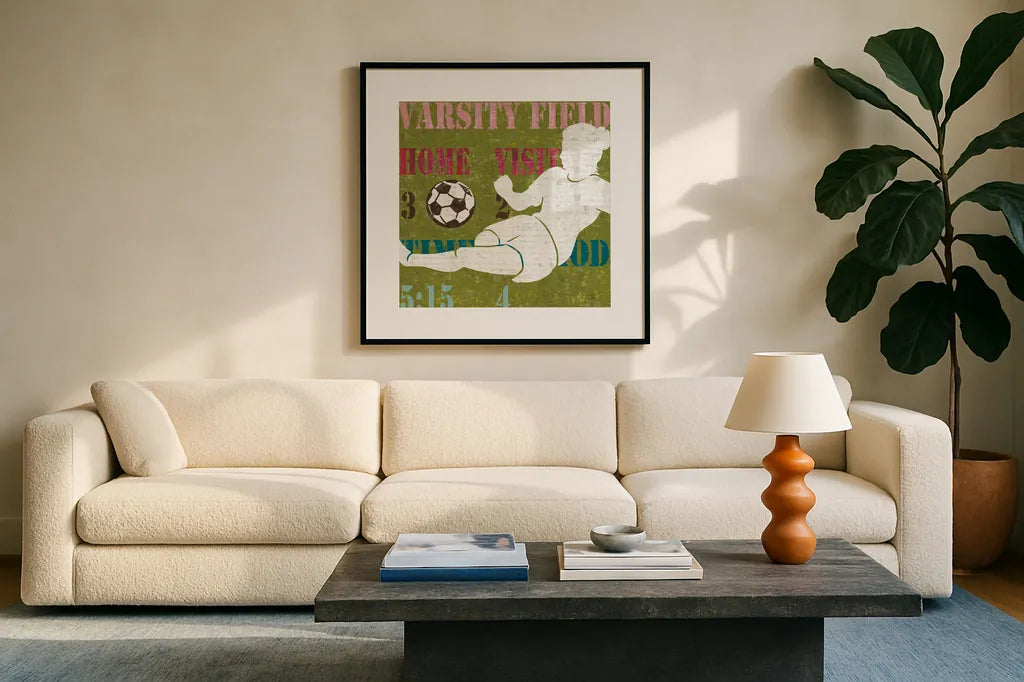 Womens Scoreboard Soccer by Michael Mullan. Displayed in a glass frame with matte in a clean modern living room. Available as an archival giclee rolled canvas, fine art paper, or poster print. SKU 50805a.