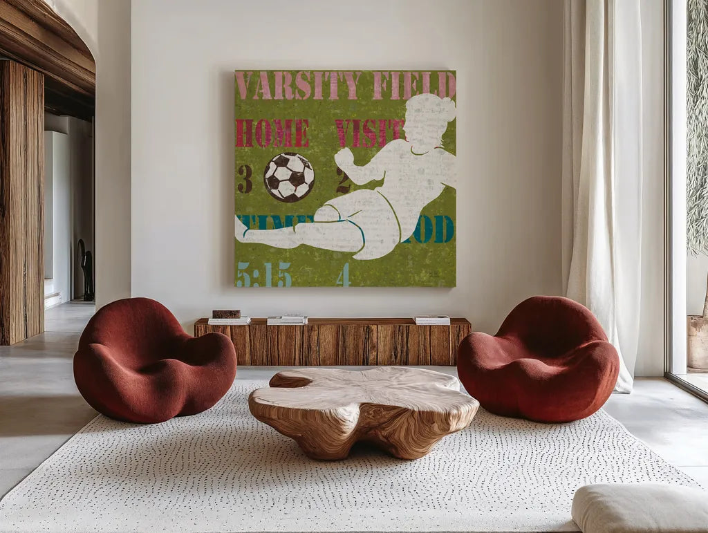 Womens Scoreboard Soccer by Michael Mullan. Shown as extra-large giant wall art in a modern living room. Available as an archival giclee rolled canvas, fine art paper, or poster print. SKU 50805a.