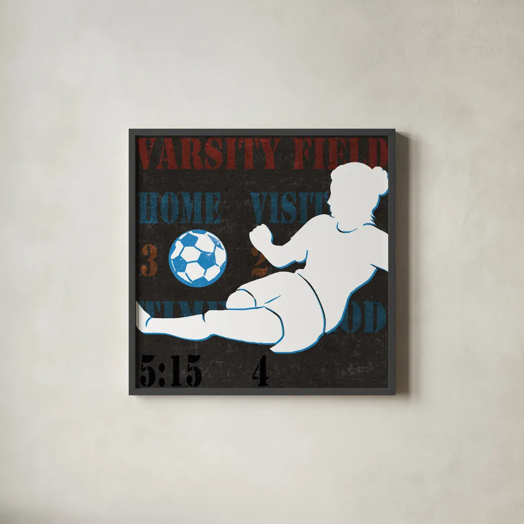 Womens Scoreboard Soccer v2 by Michael Mullan. Shown in a sleek black glass frame for a contemporary gallery look. Available as an archival giclee rolled canvas, fine art paper, or poster print. SKU 98248a.