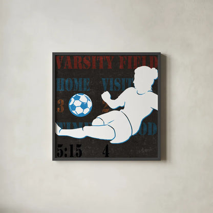 Womens Scoreboard Soccer v2 by Michael Mullan. Shown in a sleek black glass frame for a contemporary gallery look. Available as an archival giclee rolled canvas, fine art paper, or poster print. SKU 98248a.