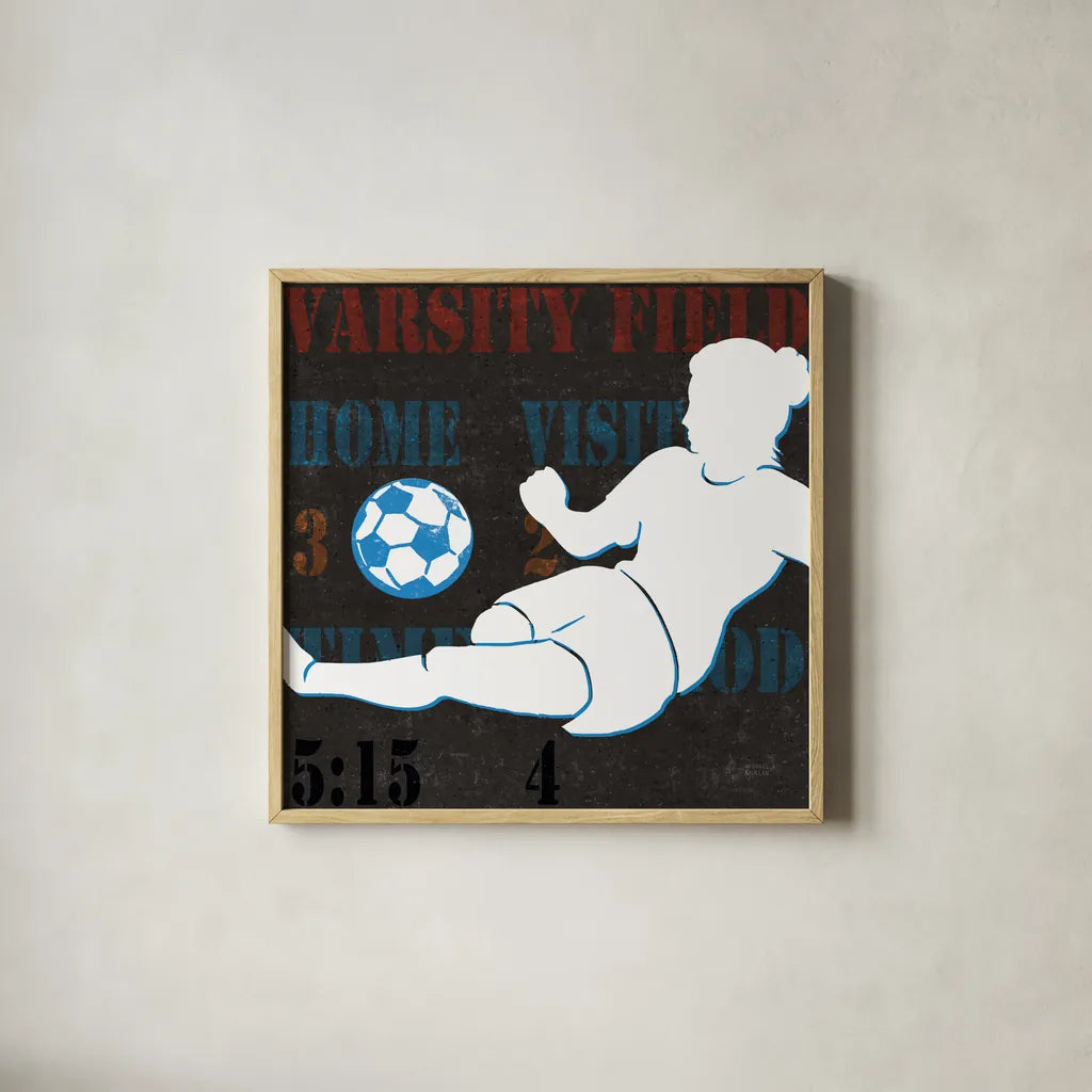 Womens Scoreboard Soccer v2 by Michael Mullan. Shown in a natural wood glass frame for a timeless modern aesthetic. Available as an archival giclee rolled canvas, fine art paper, or poster print. SKU 98248a.