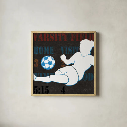 Womens Scoreboard Soccer v2 by Michael Mullan. Shown in a natural wood glass frame for a timeless modern aesthetic. Available as an archival giclee rolled canvas, fine art paper, or poster print. SKU 98248a.