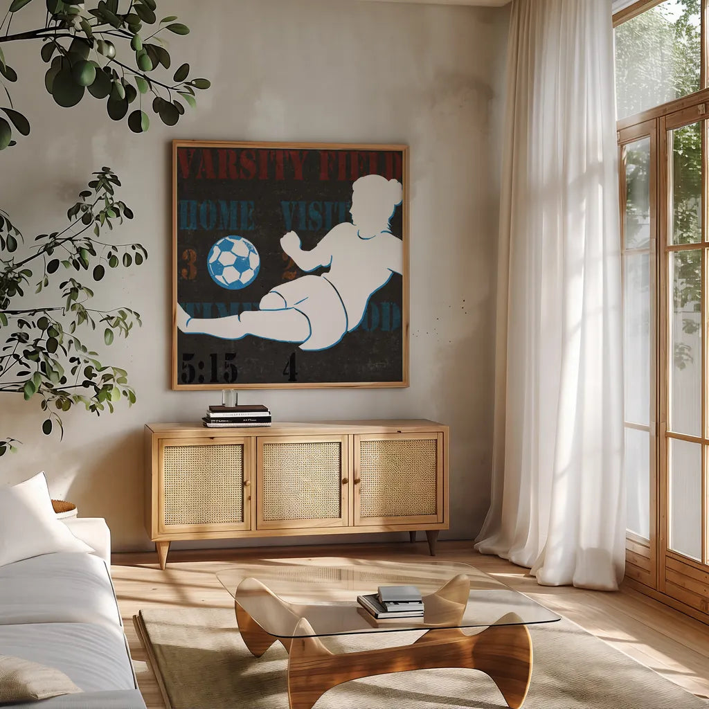 Womens Scoreboard Soccer v2 by Michael Mullan. Shown in a natural wood frame in a cozy modern living room. Available as an archival giclee rolled canvas, fine art paper, or poster print. SKU 98248a.