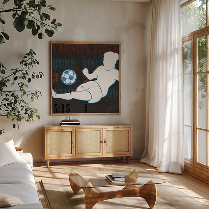 Womens Scoreboard Soccer v2 by Michael Mullan. Shown in a natural wood frame in a cozy modern living room. Available as an archival giclee rolled canvas, fine art paper, or poster print. SKU 98248a.