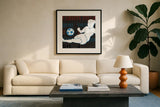Womens Scoreboard Soccer v2 by Michael Mullan. Displayed in a glass frame with matte in a clean modern living room. Available as an archival giclee rolled canvas, fine art paper, or poster print. SKU 98248a.
