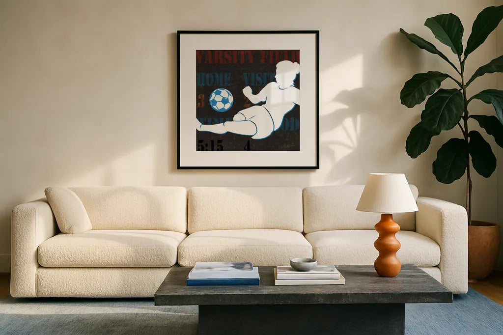 Womens Scoreboard Soccer v2 by Michael Mullan. Displayed in a glass frame with matte in a clean modern living room. Available as an archival giclee rolled canvas, fine art paper, or poster print. SKU 98248a.