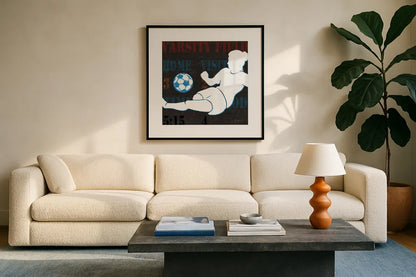 Womens Scoreboard Soccer v2 by Michael Mullan. Displayed in a glass frame with matte in a clean modern living room. Available as an archival giclee rolled canvas, fine art paper, or poster print. SKU 98248a.
